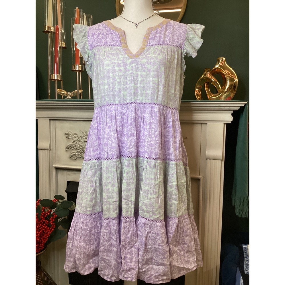 Roller Rabbit Tiered Dress Womens Medium Purple Green Excellent Flutter Sleeve